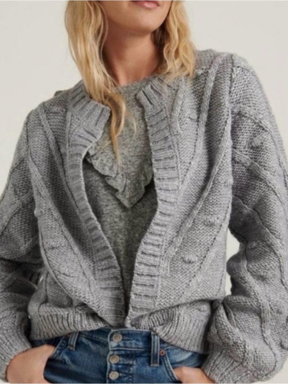 Lucky Brand Cable Chunky Knit Cardigan Grey Wool Blend Fisherman Women’s Size S